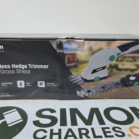 KEPLIN GARDEN 2-IN-1 CORDLESS HEDGE TRIMMER AND GRASS SHEAR – BOXED