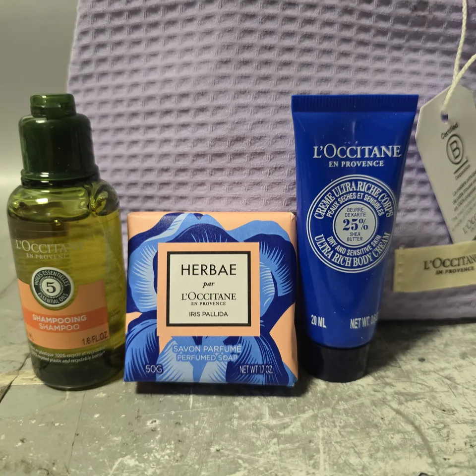 L;OCCITANE TRAVEL MAKE UP BAG WITH 3 MINIATURE ITEMS