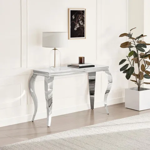 BOXED SKYE CONSOLE TABLE RECTANGULAR - WHITE MARBLE EFFECT TOP AND SILVER LEGS (2 BOXES)