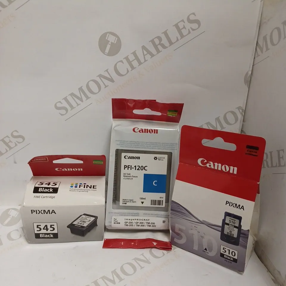 ASSORTMENT OF 3 CANON PRINTER INK CARTRIDGES TO INCLUDE BLACK 545, BLACK 510 & PFI-120C