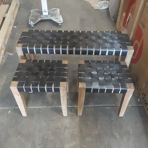 CLAUDIO S/3 BLACK LEATHER AND MANGO WOOD BENCH AND STOOLS