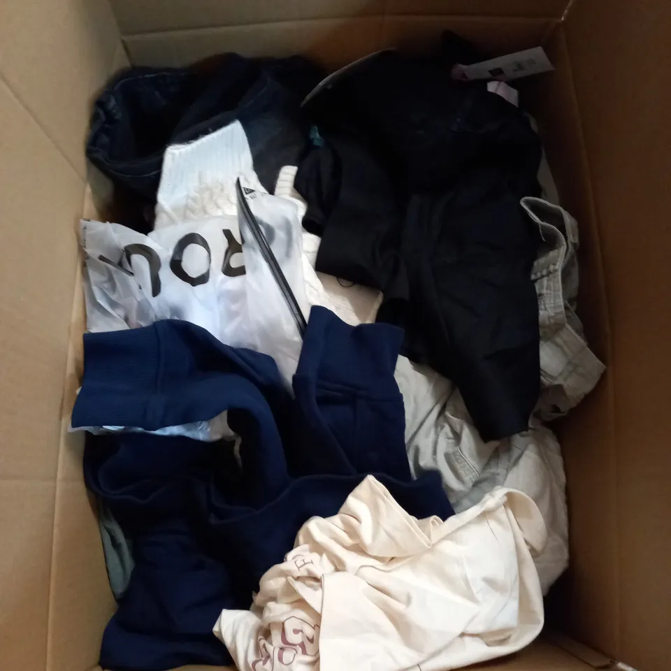  BOX OF ASSORTED CLOTHING ITEMS TOO INCLUDE DRESSES , SHIRTS AND TROUSERS IN VARIOUS SIZES AND COLOURS   