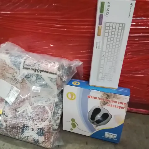PALLET OF ASSORTED HOUSEHOLD GOODS AND PRODUCTS TO INCLUDE;FOOT MASSAGER,LARGE AREA RUG,WIRELESS KEYBOARD
