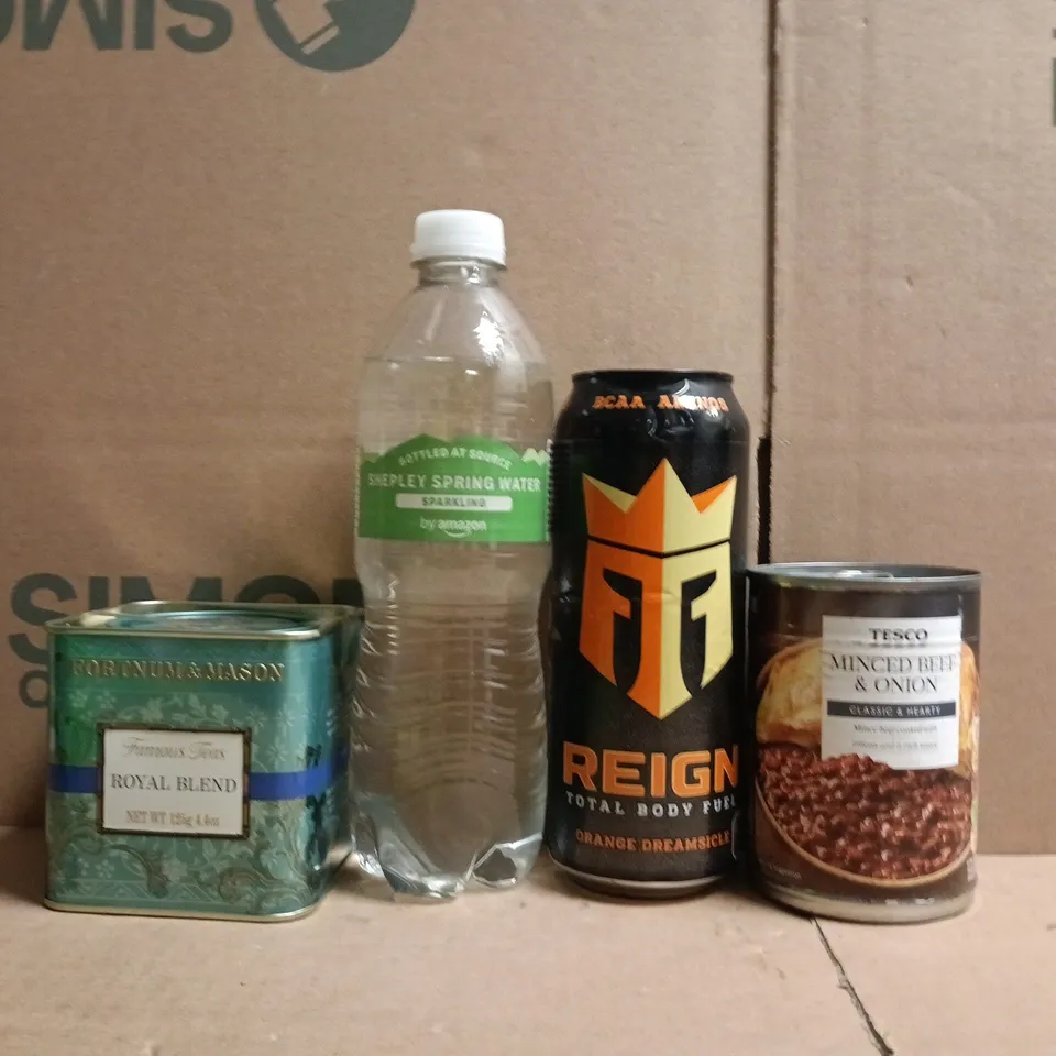 APPROXIMATELY 10 ASSORTED FOOD AND DRINK ITEMS TO INCLUDE REIGN, MINCED BEEF & ONIONS, ETC