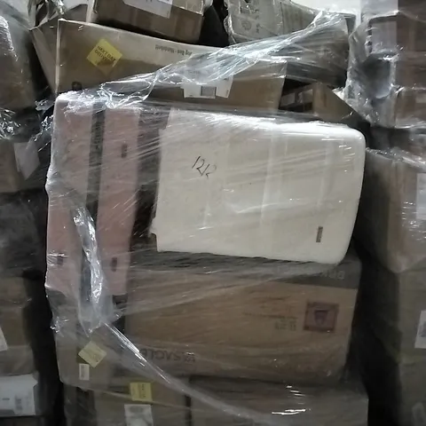 PALLET OF HOUSEHOLD ITEMS TO INCLUDE SUITCASES, DOG BED, WASHBASIN CABINET  AND OTHER ASSORTED ITEMS...