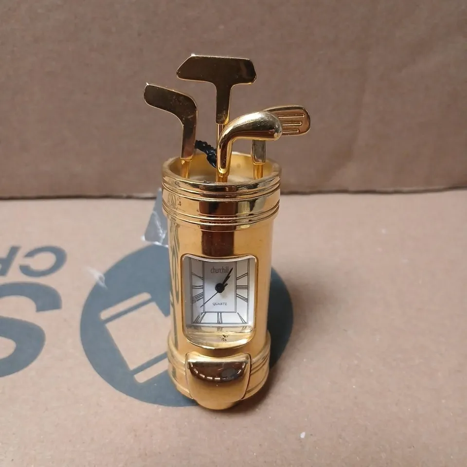 CHURCHILL QUARTZ DESK CLOCK WITH GOLF CLUB TOP, GOLD-TONE