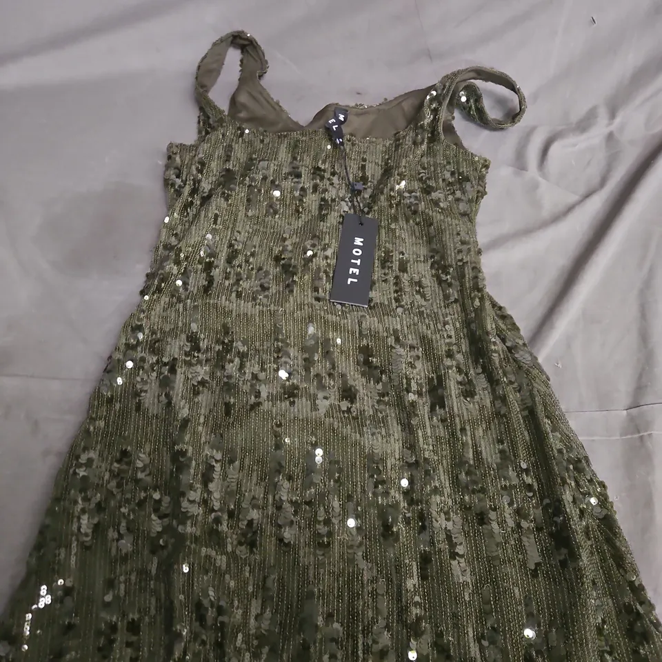 MOTEL SEQUIN EVENING DRESS – OLIVE GREEN, UK SIZE S