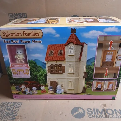 SYLVANIAN FAMILIES RED ROOF TOWER HOME WITH PERSIAN CAT GIRL AGES 3+ BOXED