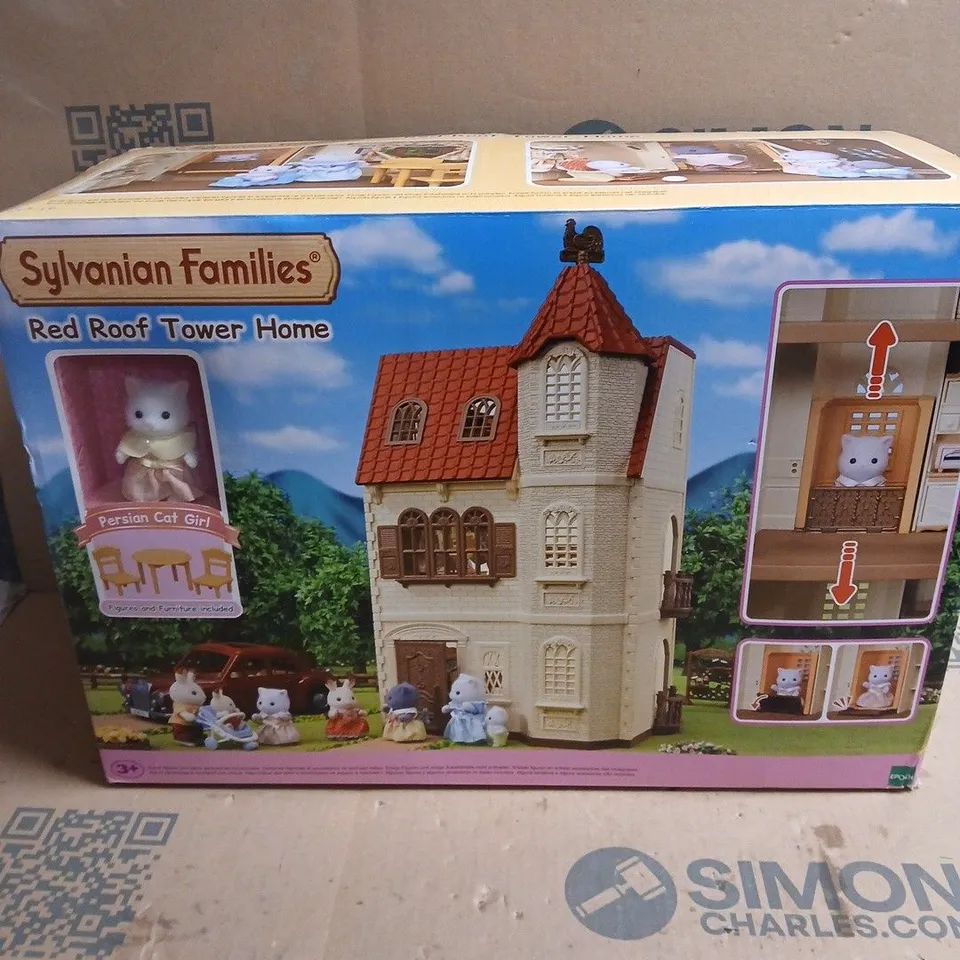 SYLVANIAN FAMILIES RED ROOF TOWER HOME WITH PERSIAN CAT GIRL AGES 3+ BOXED