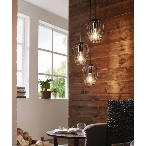 BOXED NEWTOWN 3-LIGHT VINTAGE CLUSTER PENDANT WITH BLACK CAGED SHADES
