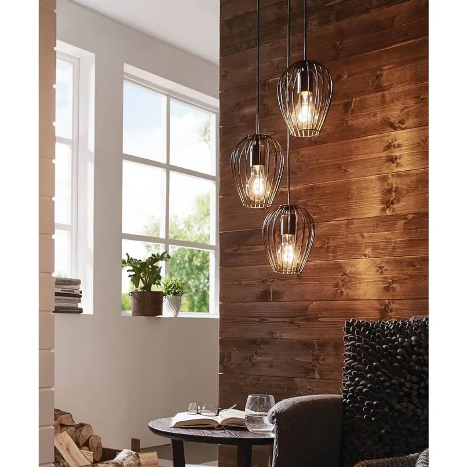 BOXED NEWTOWN 3-LIGHT VINTAGE CLUSTER PENDANT WITH BLACK CAGED SHADES