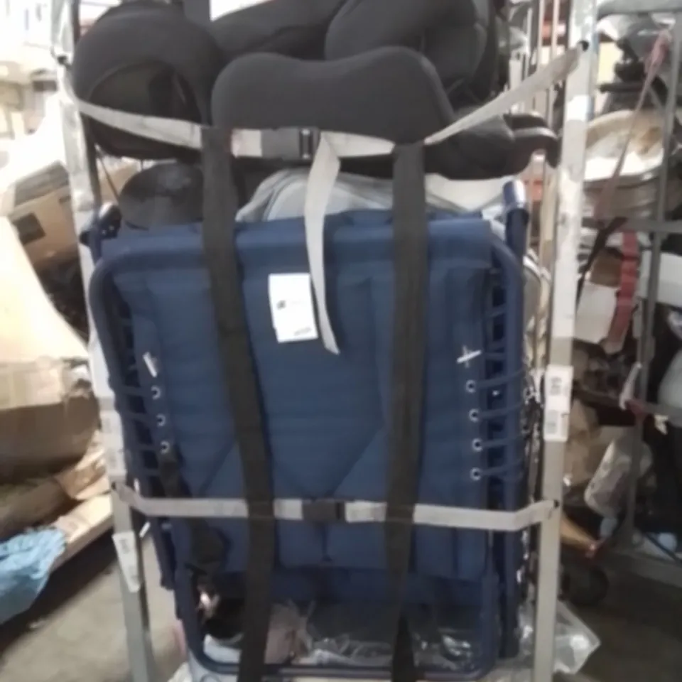 CAGE OF ASSORTED HOUSEHOLD GOODS AND PRODUCTS TO INCLUDE;CAR SEAT,DOG CAGE,CAMPING CHAIR,SUN LOUNGER