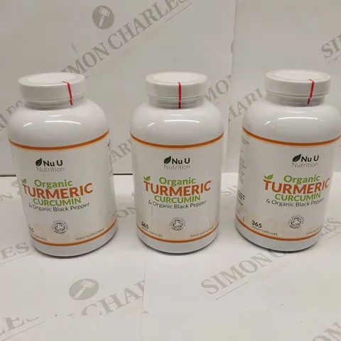 APPROXIMATELY 3 BOTTLES OF NU U ORGANIC TUMERIC CURCUMIN & ORGANIC BLACK PEPPER NUTRITION VEGAN CAPSULES - 365 CAPSULES PER BOTTLE // BEST BEFORE: 07/26