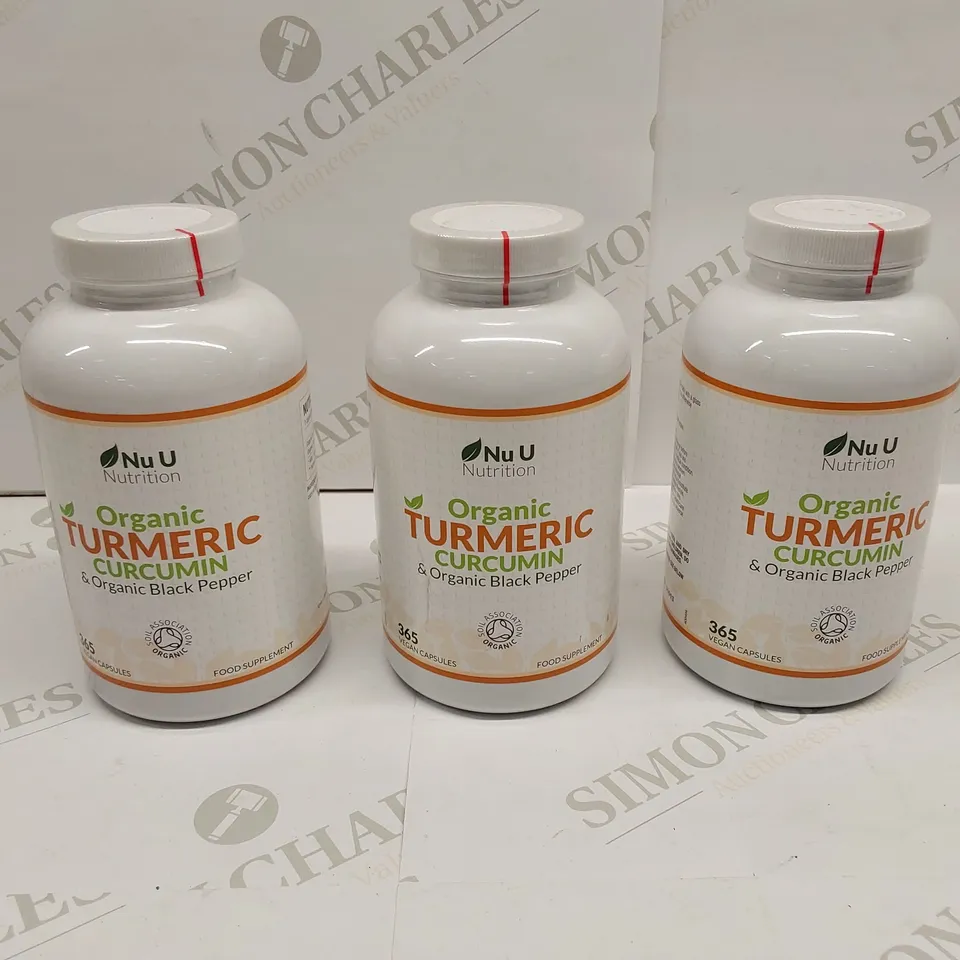 APPROXIMATELY 3 BOTTLES OF NU U ORGANIC TUMERIC CURCUMIN & ORGANIC BLACK PEPPER NUTRITION VEGAN CAPSULES - 365 CAPSULES PER BOTTLE // BEST BEFORE: 07/26