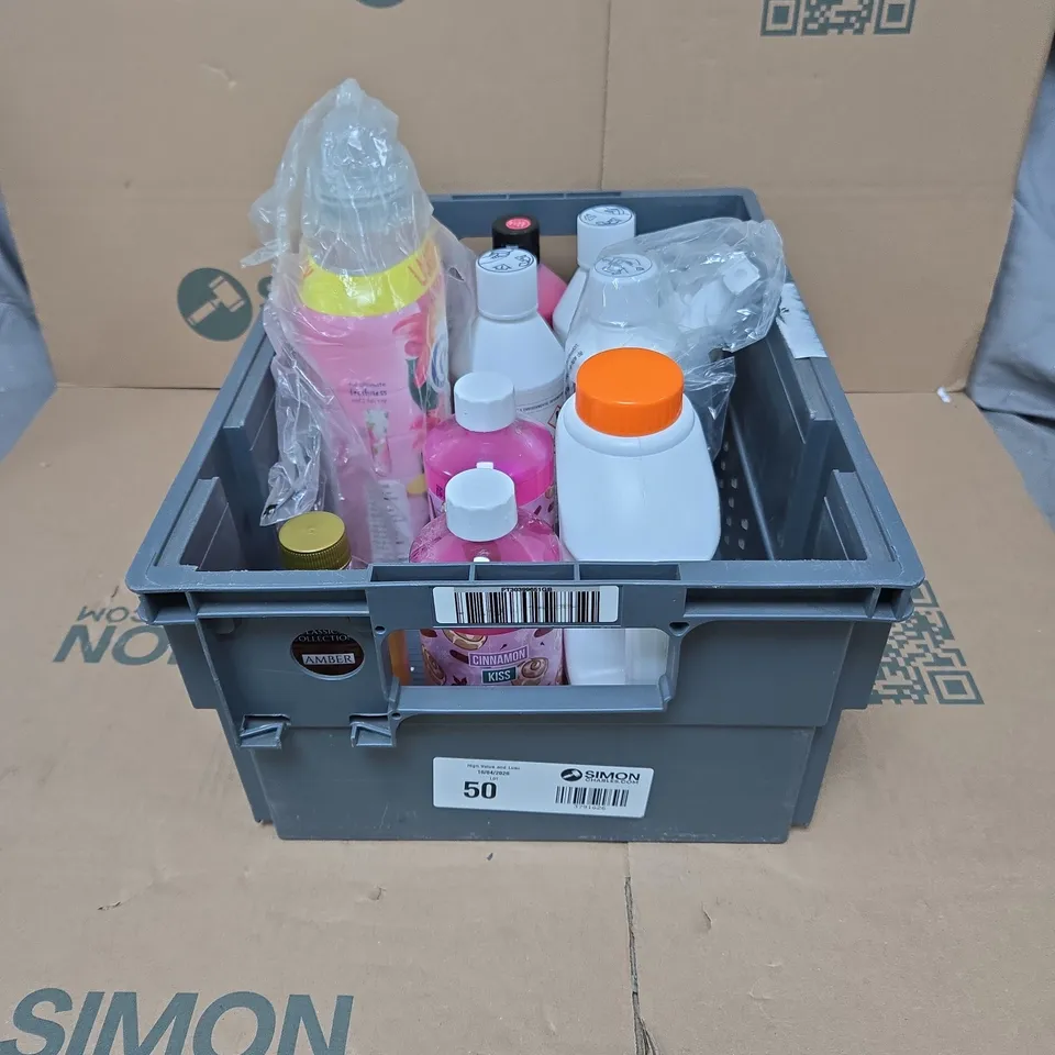 TOTE OF APPROXIMATELY 10 ASSORTED HOUSEHOLD ITEMS TO INCLUDE VAX SPOTWASH, COMFORT, MULTI PURPOSE CLEANER ETC