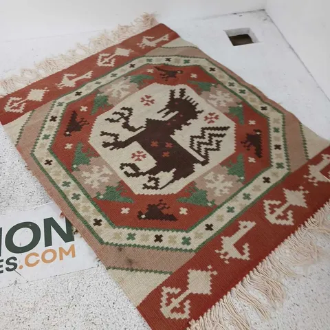 TRADITIONAL KILIM-STYLE RUG WITH GEOMETRIC BORDER, RED CENTER