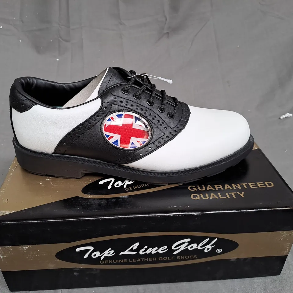 BOX OF APPROXIMATLY 10 BOXED PAIRS OF BLACK AND WHITE TOP LINE GOLF SHOES IN VARIOUS SIZE 