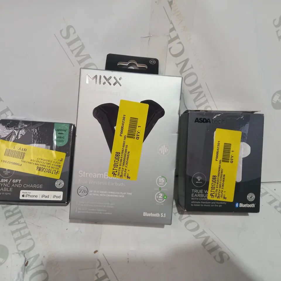 LOT OF APPROXIMATELY 20 ASSORTED HOUSEHOLD ITEMS TO INCLUDE ASDA TECH SYNC AND CHARGE CABLE, MIXX STREAMBUDS AX TRUE WIRELESS EARBUDS, ASDA TECH TRUE WIRELESS EARBUDS, ETC