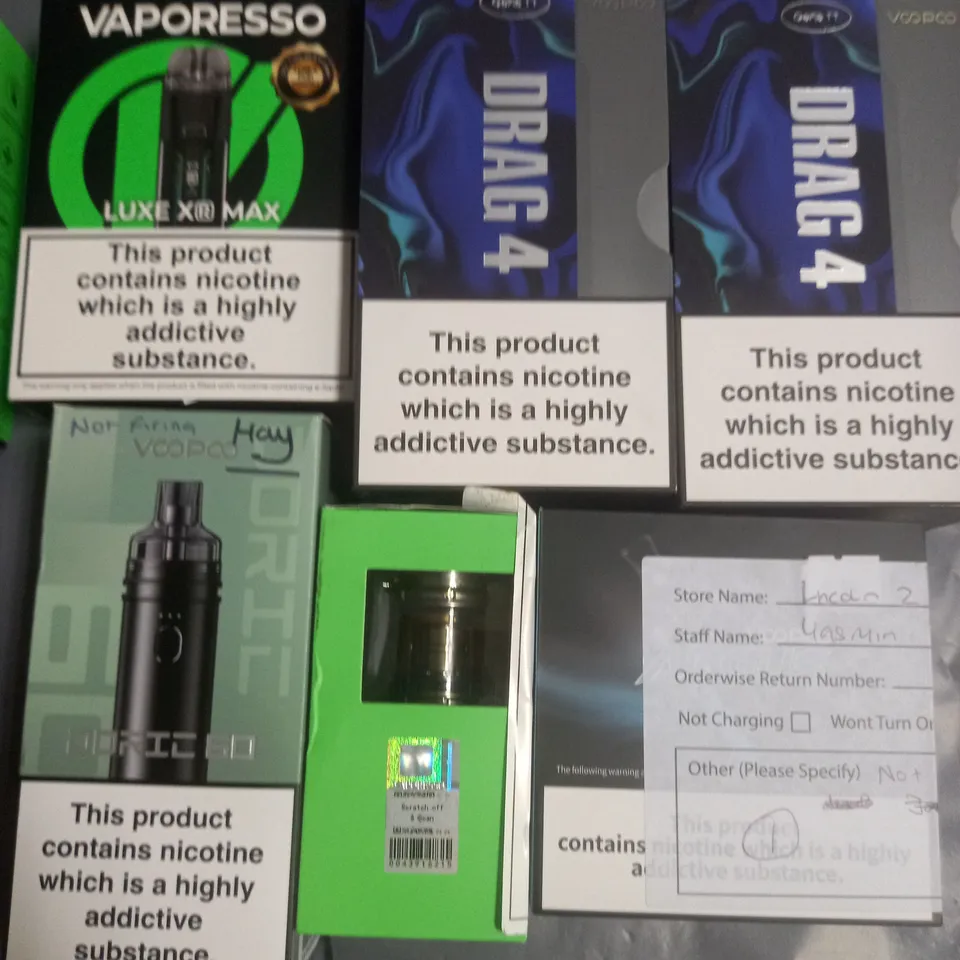 LOT OF 12 ASSORTED VAPING ITEMS AND ACCESSORIES TO INCLUDE VAPORESSO AND VOOPOO