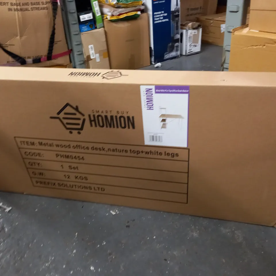 BOXED METAL AND WOOD OFFICE DESK - NATURAL TOP + WHITE LEGS - 1 BOX/SET  /  COLLECTION ONLY 