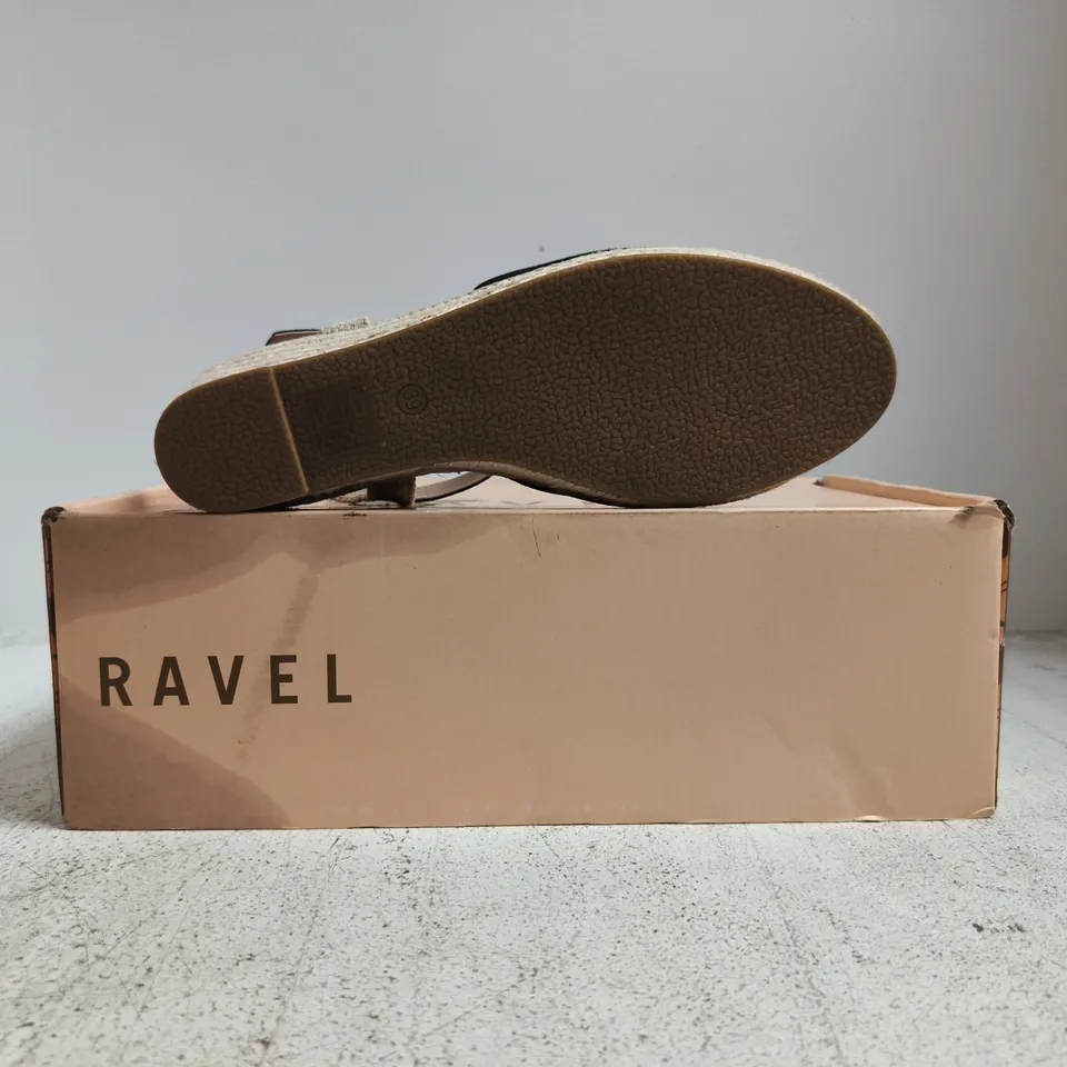 BOXED PAIR OF RAVEL CLOSED TOE WEDGE SANDALS IN BLACK/SAND SIZE UK 6