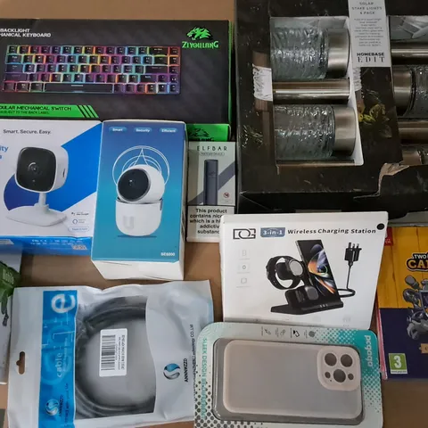 LARGE QUANTITY OF ASSORTED ITEMS TO INCLUDE MECHANICAL KEYBOARD, TAPO WIFI CAMERA AND SOLAR STAKE LIGHT'S 