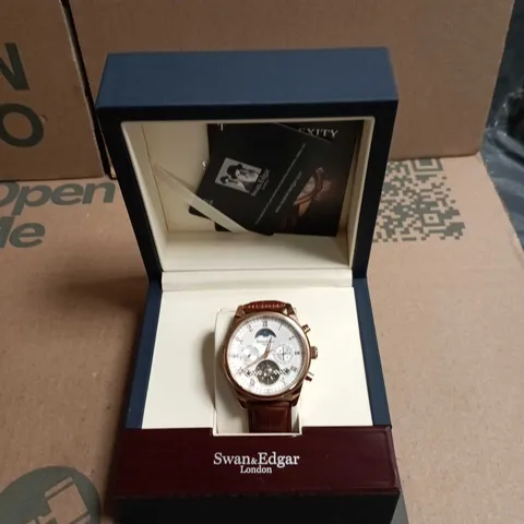 SWAN & EDGAR LONDON COMPLEXITY AUTOMATIC ROSE GOLD WATCH – BROWN LEATHER STRAP