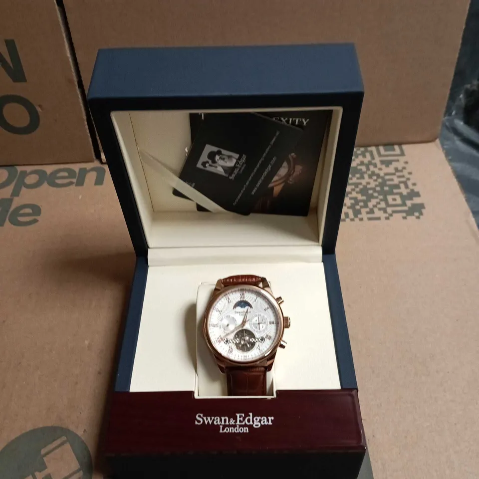 SWAN & EDGAR LONDON COMPLEXITY AUTOMATIC ROSE GOLD WATCH – BROWN LEATHER STRAP