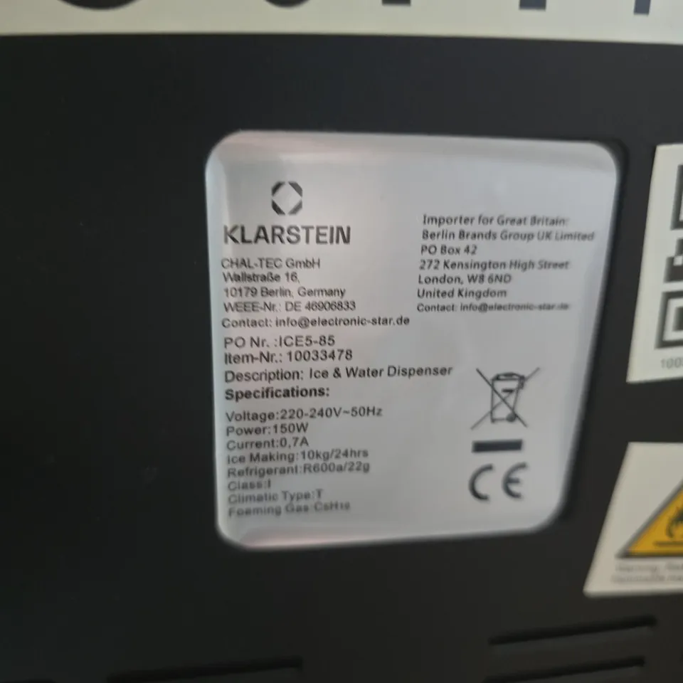 KLARSTEIN ICE MAKER / ICE & WATER DISPENSER – COUNTERTOP APPLIANCE