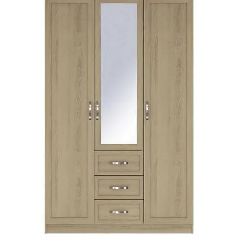 BOXED CAMBERLEY 3 DOOR 3 DRAWER MIRRORED WARDROBE - LIGHT OAK (2 BOXES)