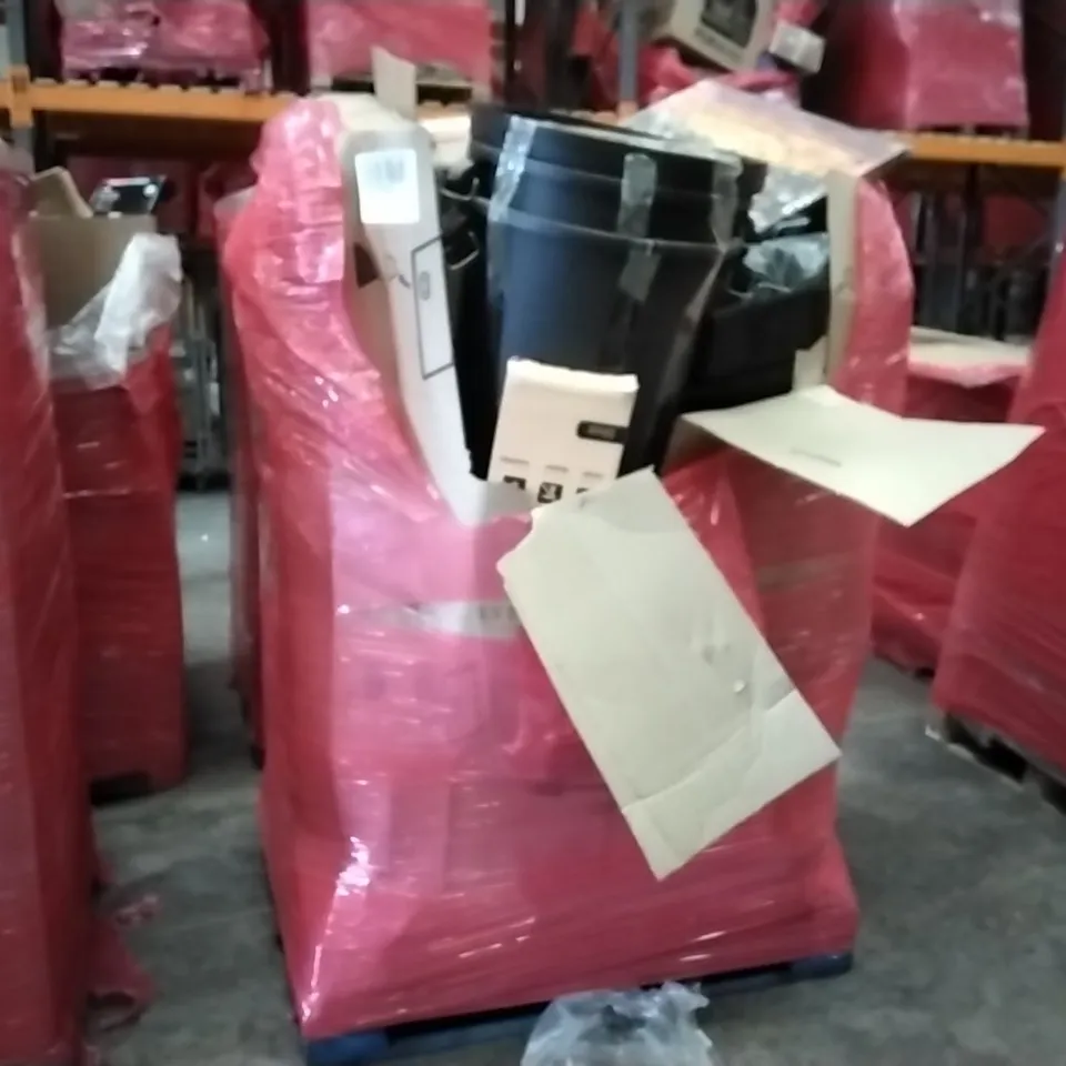 PALLET OF ASSORTED ITEMS TO INCLUDE: KEPLIN 5 TIER SHOE RACKS, CEILING FAN, PLATFORM DOLLYS, BINS, CANVAS ART ECT