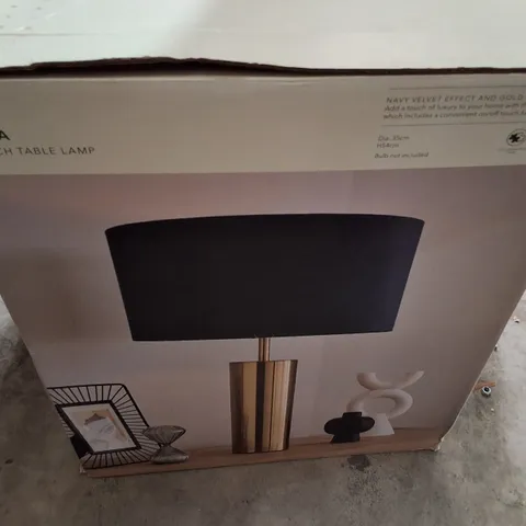BOXED DUNELM NESA TOUCH TABLE LAMP – NAVY VELVET EFFECT WITH GOLD FINISH