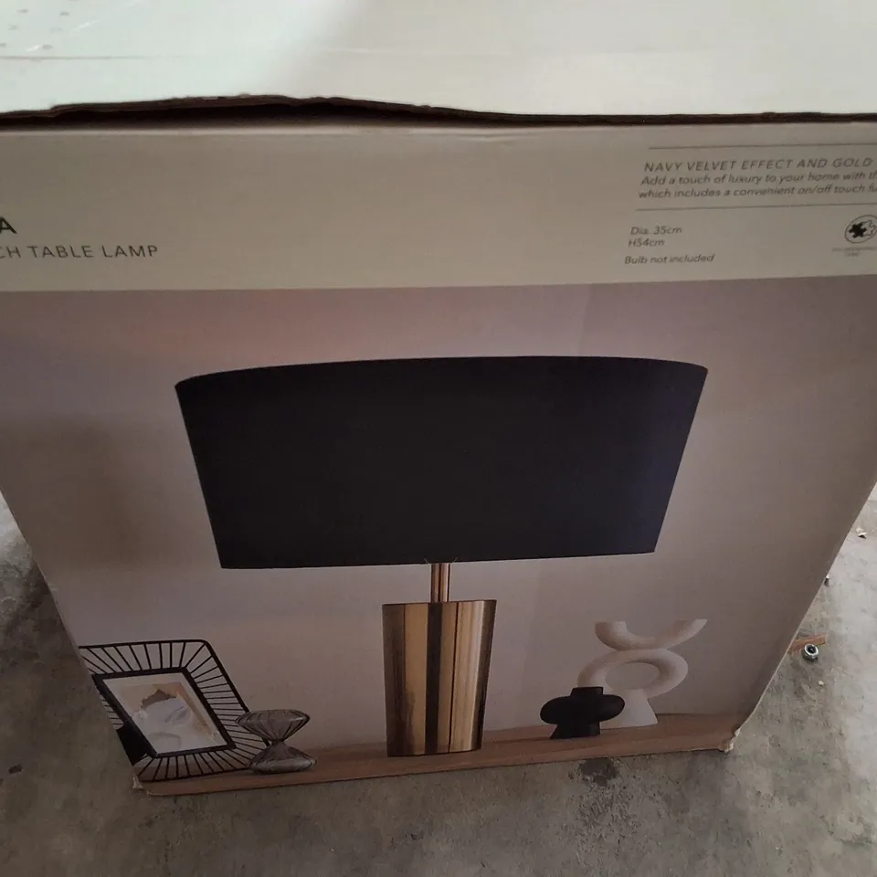 BOXED DUNELM NESA TOUCH TABLE LAMP – NAVY VELVET EFFECT WITH GOLD FINISH