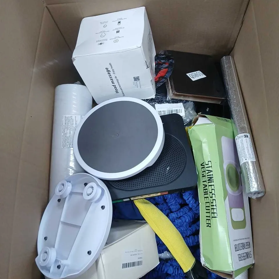 BOX OF APPROXIMATELY 20 ASSORTED ITEMS TO INCLUDE HEAD MASSAGER, VEGETABLE CUTTER, WHITE MAT, ROUTER ETC
