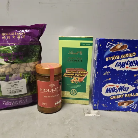 APPROXIMATELY 12 ASSORTED FOOD & DRINK ITEMS TO INCLUDE - MILKY WAY CRISPY ROLLS, LINDT DUBIA CHOCOLATE ETC