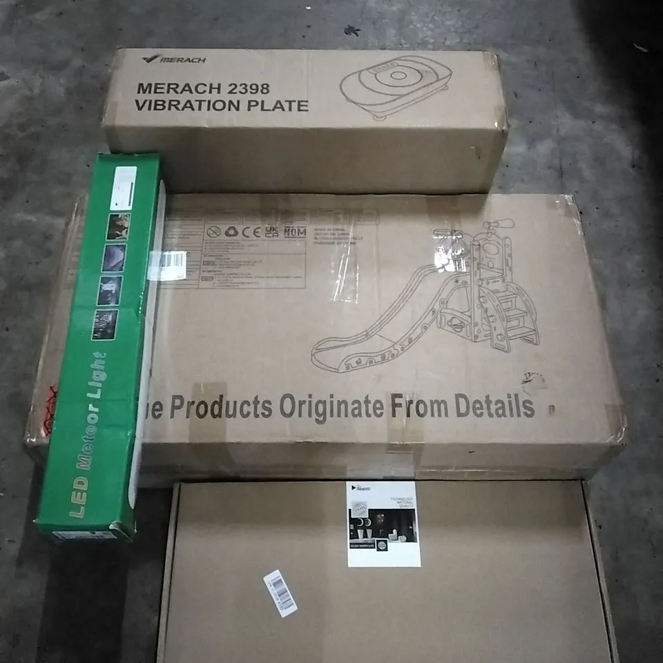 PALLET OF HOUSEHOLD ITEMS TO INCLUDE VIBRATION PLATE, KIDS SLIDE,KITCHEN TAP,LED METEOR LIGHT AND OTHER ASSORTED ITEMS...