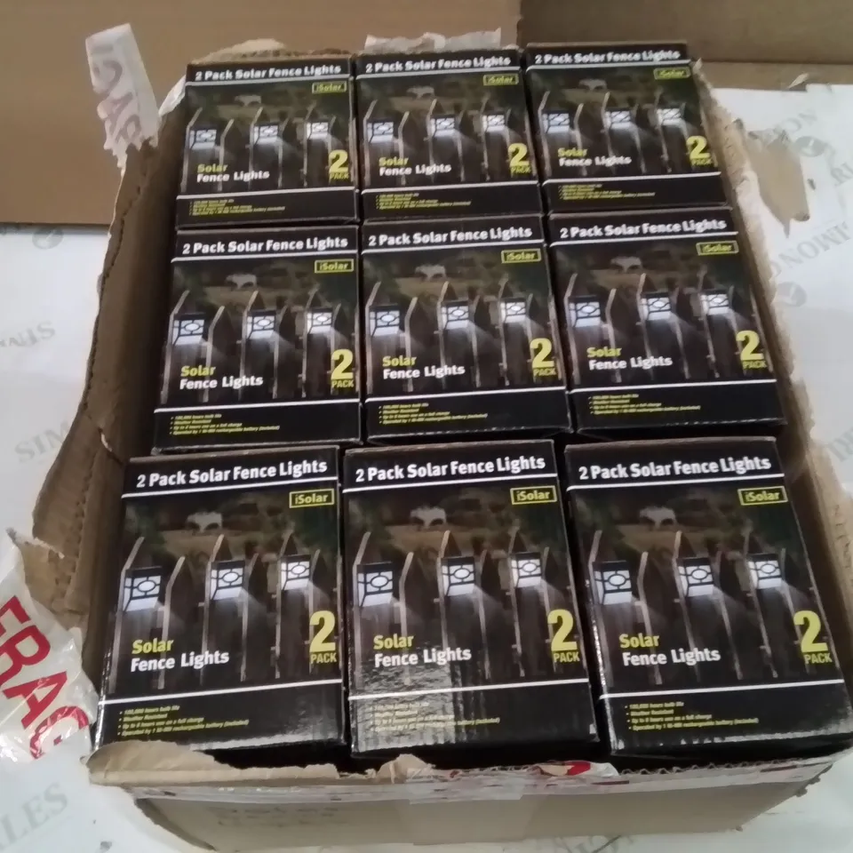 BOX CONTAINING 18 BRAND NEW PACKS OF 2 SOLAR FENCE LIGHTS