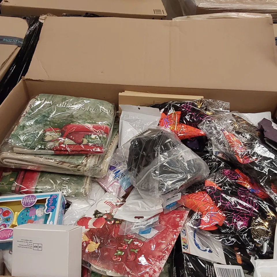 PALLET OF ASSORTED ITEMS INCLUDING: KNIGHT PEN HOLDER, MINI FAN, COMPRESSION SOCKS, GOLF SHIRTS, PHONE CASE, CHRISTMAS DECORATIONS, HALLOWEEN HATS