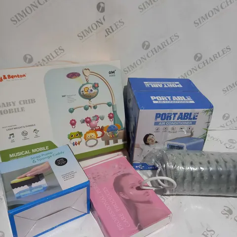 BOX OF APPROXIMATELY 5 ITEMS TO INCLUDE CRIB MOBILE, HEATED BLANKET, PORTABLE AIR CONDITIONING ETC