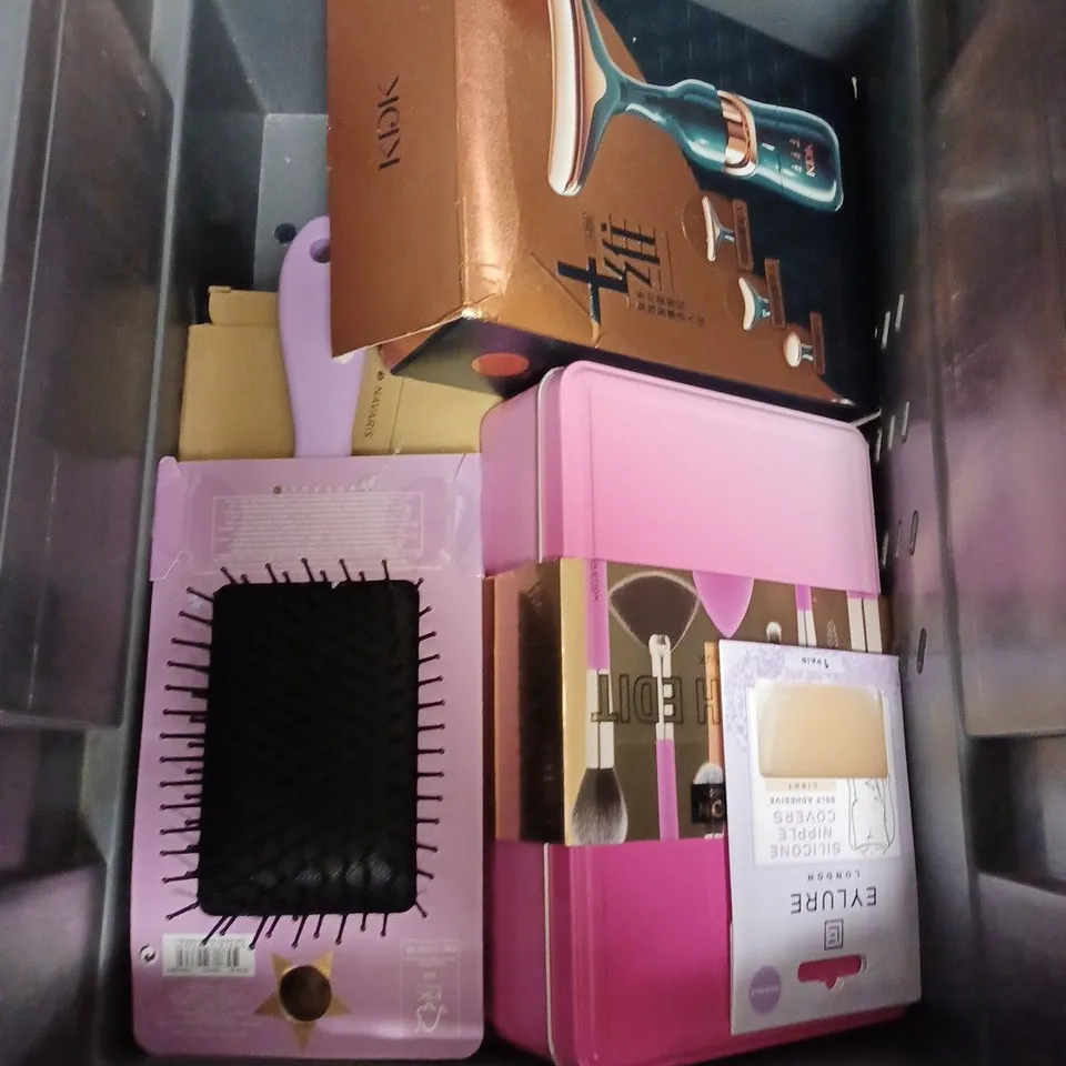 LOT OF ASSORTED HAIR PRODUCS TOO INCLUDE HAIR EXTENSIONS , HAIR BRUSHES AND  HAIR SHAVERS 