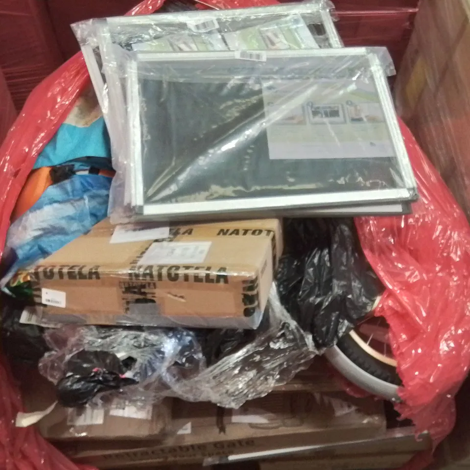 PALLET CONTAINING VARIOUS ASSORTED BOXED HOUSEHOLD ITEMS TO INCLUDE: FOOT SPA, RETRACTABLE SAFETY GATE, KIDS BIKE AND LOTS MORE UNMARKED BOXED ITEMS 