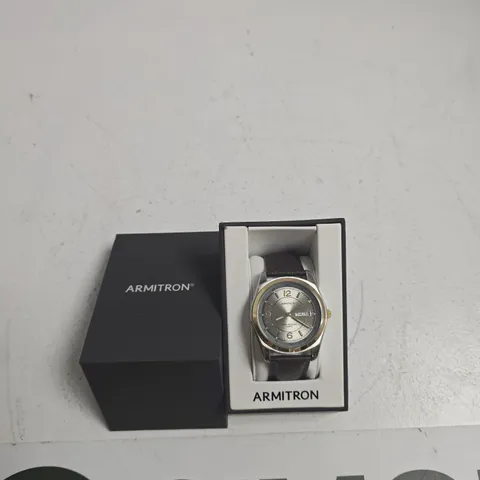 ARMITRON WRISTWATCH – SILVER-TONE DIAL, BLACK LEATHER STRAP (BOXED)