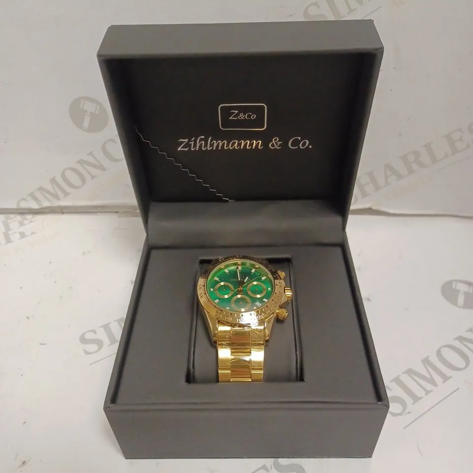 MENS ZIHLMANN & Co Z400 WATCH – CHRONOGRAPH MOVEMENT – GOLD COLOUR STAINLESS STEEL STRAP – GREEN DIAL – 3ATM WATER RESISTANT 