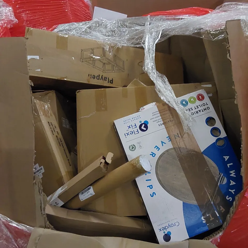 PALLET TO CONTAIN ASSORTED HOUSEHOLD ITEMS AND CONSUMER PRODUCTS. INCLUDES TOILET SEAT, PLAYPEN, VACUUM CLEANER ETC