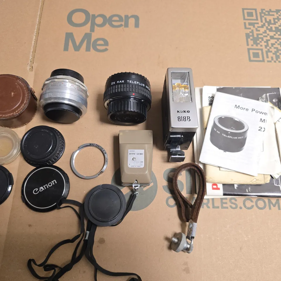 Vintage camera accessories bundle: Kako 818B flash, 2x Teleplus MC teleconverter, Vivitar/Canon lens caps & mounts