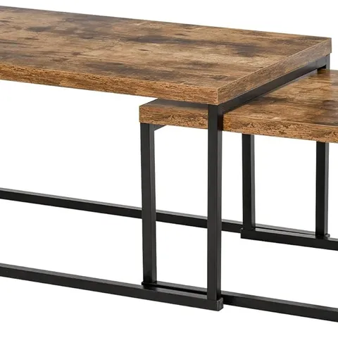 BOXED HOMCOM NESTING COFFEE TABLE, INDUSTRIAL STACKING SIDE END TABLES WITH METAL FRAME (SET OF 2) - RUSTIC BROWN