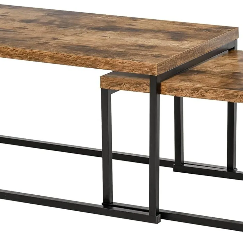 BOXED HOMCOM NESTING COFFEE TABLE, INDUSTRIAL STACKING SIDE END TABLES WITH METAL FRAME (SET OF 2) - RUSTIC BROWN