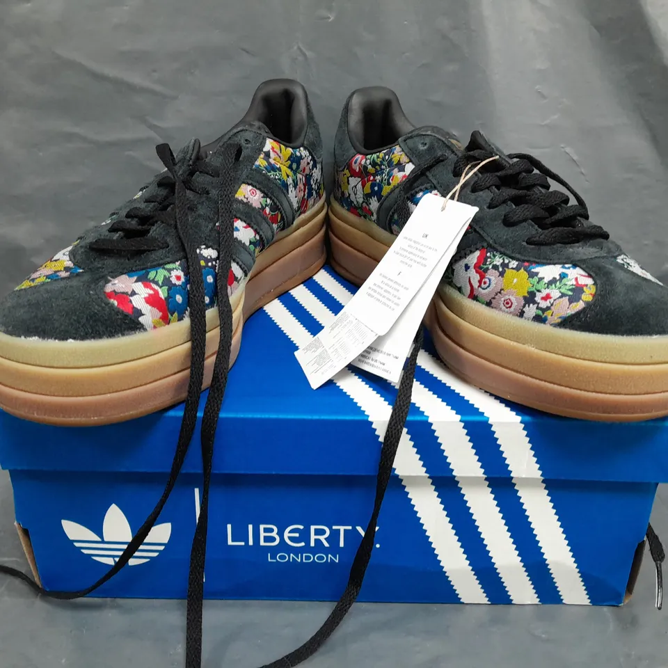 BOXED PAIR OF ADIDAS LIBERTY GAZELLE BOLD WOMEN'S SHOES IN MULTICOLOUR SIZE UK 5