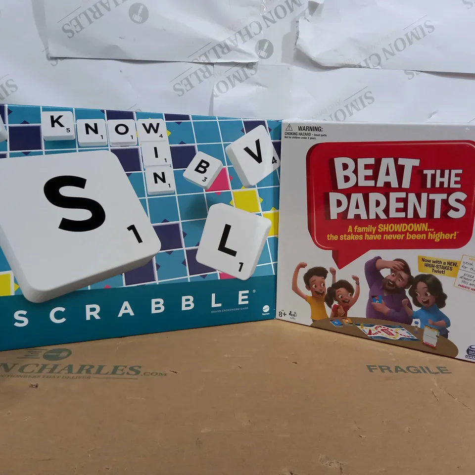 LOT OF 2 ASSORTED BOARDGAMES TO INCLUDE SCRABBLE BOARDGAME BY MATTEL, SPINS GAMES BEAT THE PARENTS BOARDGAMES