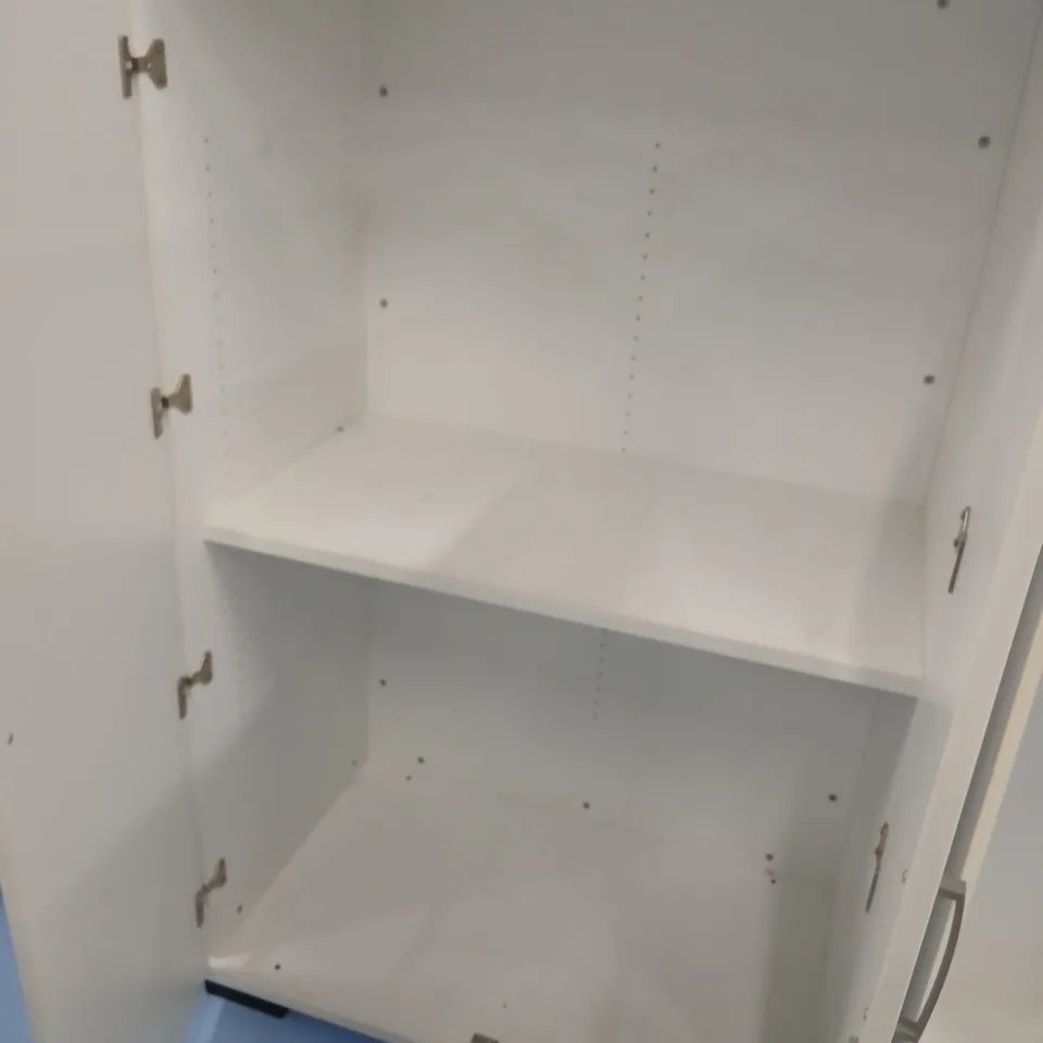 WHITE TWO-DOOR FREESTANDING CABINET WITH ADJUSTABLE INTERIOR SHELF